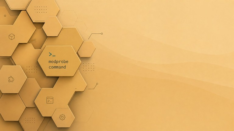 Gold hexagonal tiles with terminal and gear icons and the label modprobe command