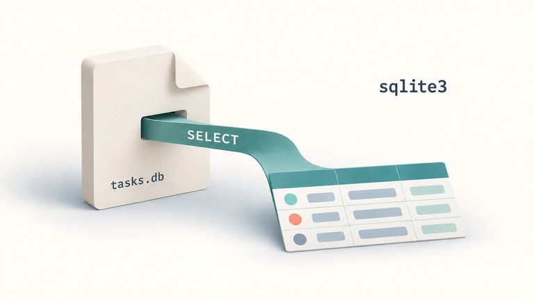 SQLite database file labeled tasks.db with a SELECT query and a table of rows
